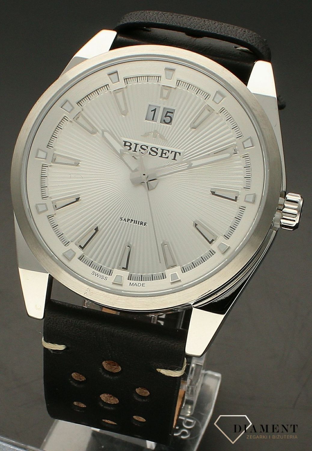 Zegarek męski Bisset na czarnym pasku BSCF40 srebrny. Zegarek męski Bisset. Męski zegarek z szafirem. Męski zegarek Bisset na czarnym pasku. Zegarek męski Bisset idealny na prezent..jpg